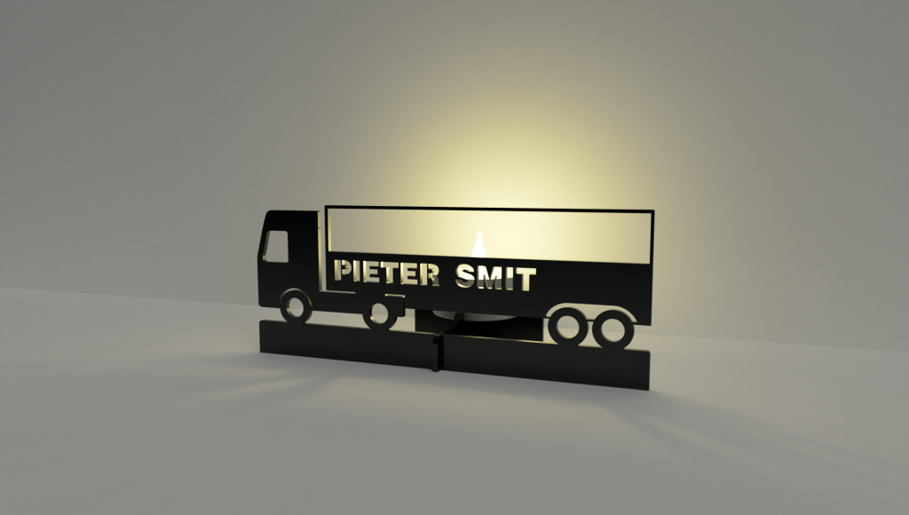 Maatwerk stalen vrachtwagen met open oplegger en een waxinelichtje